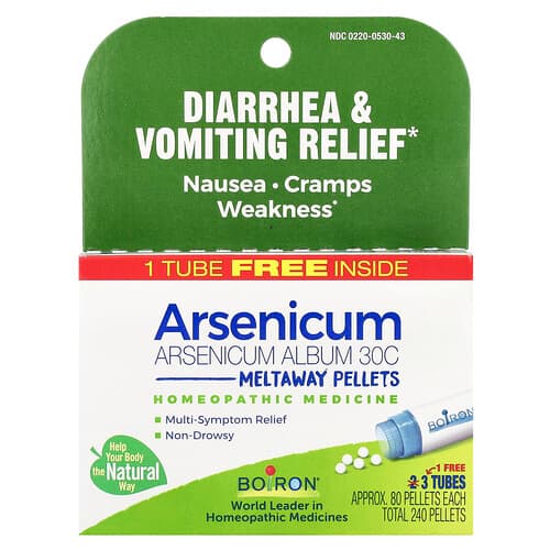 Boiron, Arsenicum, Diarrhea & Vomiting Relief, Meltaway Pellets, 30C, 3 Tubes, 80 Pellets Each