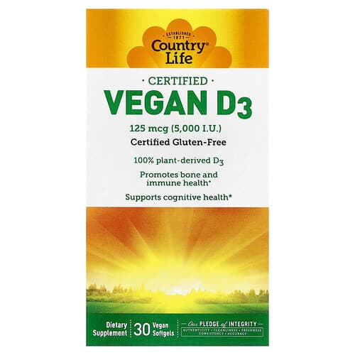 Country Life, Certified Vegan D3, 125 mcg (5,000 IU), 30 Vegan Softgels