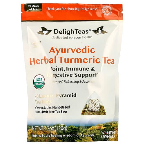 DelighTeas, Ayurvedic Herbal Turmeric Tea, Caffeine Free, 30 Luxury Pyramid Tea Bags, 4.2 oz (120 g)