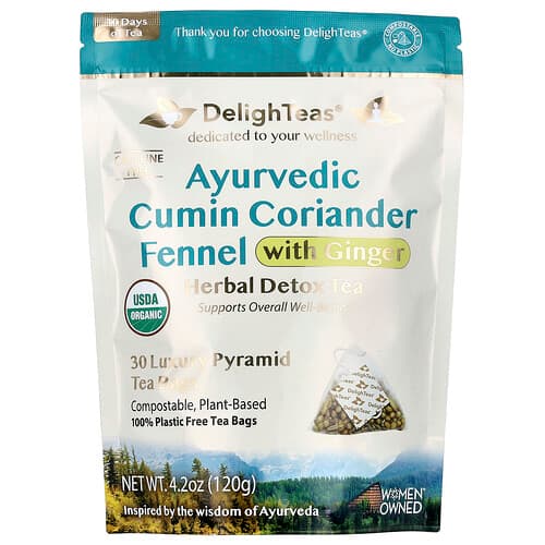 DelighTeas, Ayurvedic Cumin Coriander Fennel With Ginger, Herbal Detox Tea, Caffeine Free, 30 Luxury Pyramid Bags, 4.2 oz (120 g)