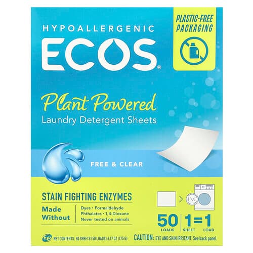 Ecos, Ecos®, Plant Powered Laundry Detergent Sheets, Free & Clear, 50 Sheets