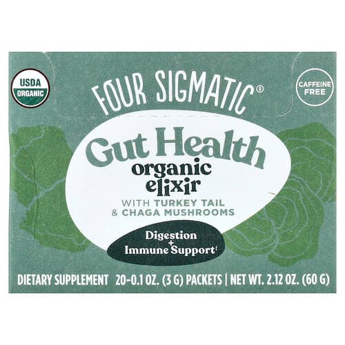 Four Sigmatic, Gut Health Organic Elixir, With Turkey Tail & Chaga Mushrooms, Caffeine Free, 20 Packets, 0.1 oz (3 g) Each