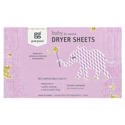 Grab Green, Baby Dryer Sheets, 5+ Months, Dreamy Rosewood with Essential Oils, 80 Compostable Sheets