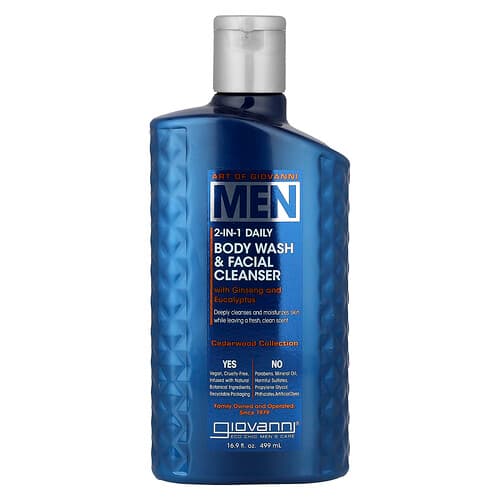 Giovanni, Art Of Giovanni, Men 2-In-1 Daily Body Wash & Facial Cleanser with Ginseng and Eucalyptus, 16.9 fl oz (499 ml)