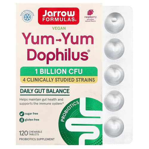 Jarrow Formulas, Vegan Yum-Yum Dophilus®, Raspberry, 120 Chewable Tablets