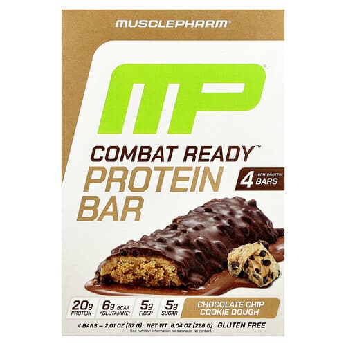 MusclePharm, Combat Ready™ Protein Bar, Chocolate Chip Cookie Dough, 4 Bars, 2.01 oz (57 g) Each