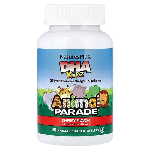 NaturesPlus, Animal Parade®, DHA Kids, Children's Chewable Omega-3 Supplement, Cherry, 90 Animal-Shaped Tablets