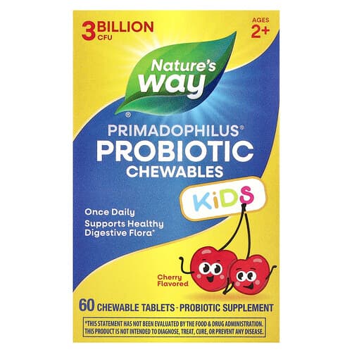 Nature's Way, Primadophilus®, Kids Probiotic Chewables, Ages 2+, Cherry , 3 Billion CFU, 60 Chewable Tablets