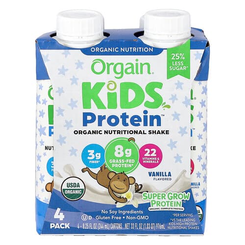 Orgain, Kids Protein™, Organic Nutritional Shake, Vanilla, 4 Pack, 8.25 fl oz (244 ml) Each