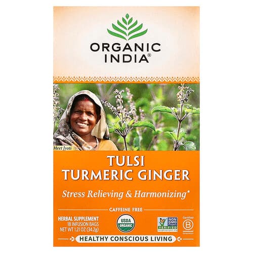 Organic India, Tulsi Turmeric Ginger Tea, Caffeine-Free, 18 Infusion Bags, 1.21 oz (34.2 g)