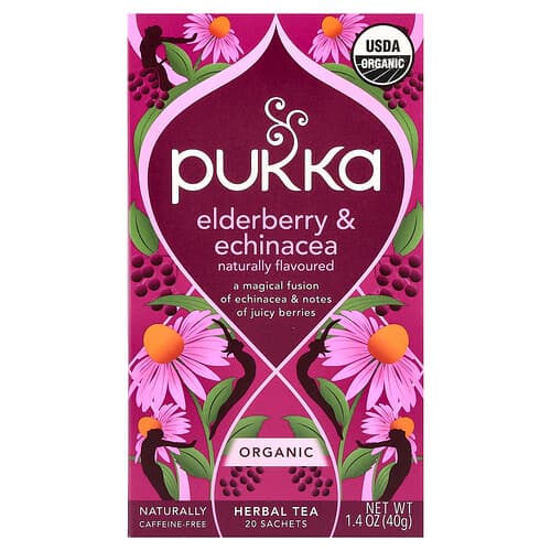 Pukka Herbs, Organic Herbal Tea, Elderberry & Echinacea, Caffeine Free, 20 Sachets, 1.41 oz (40 g)