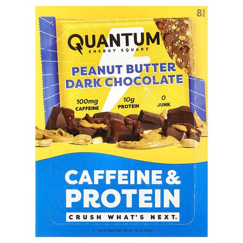 Quantum Energy Square, Caffeine & Protein Bar, Peanut Butter Dark Chocolate, 8 Bars, 1.69 oz (48 g) Each