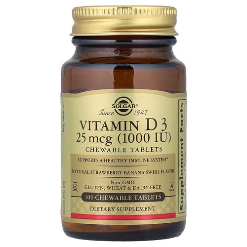Solgar, Vitamin D3, Natural Strawberry Banana Swirl, 25 mcg (1,000 IU), 100 Chewable Tablets