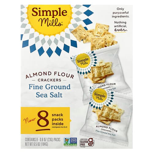 Simple Mills, Almond Flour Crackers, Fine Ground Sea Salt, 8 Packs, 0.8 oz (23 g) Each