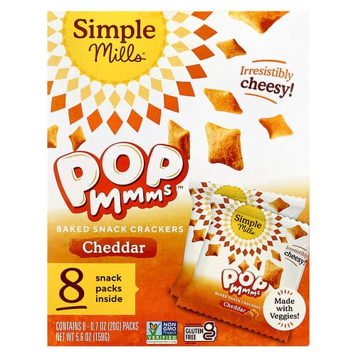 Simple Mills, Pop Mmms™, Baked Snack Crackers, Cheddar, 8 Packs, 0.7 oz (20 g) Each