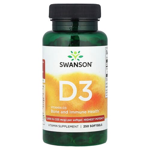 Swanson Vitamins, Vitamin D3, Highest Potency, 125 mcg (5,000 IU), 250 Softgels