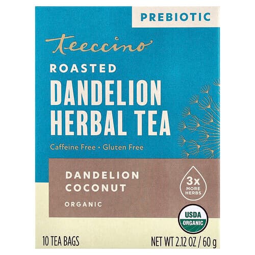 Teeccino, Organic Roasted Herbal Tea, Dandelion Coconut, Caffeine Free, 10 Tea Bags, 2.12 oz (60 g)