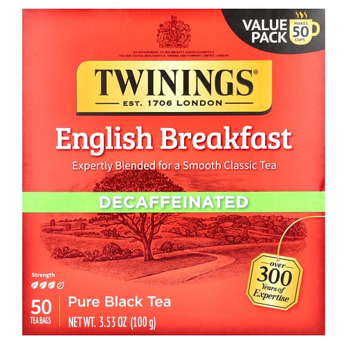 Twinings, Pure Black Tea, English Breakfast, Decaffeinated, 50 Tea Bags, 3.53 oz (100 g)