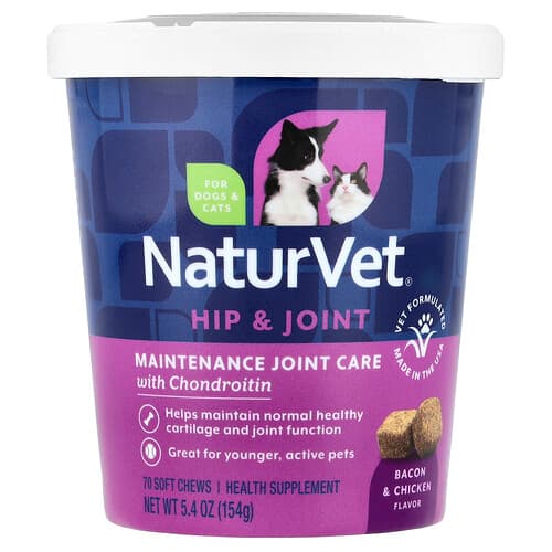 NaturVet, Hip & Joint, Maintenance Joint Care with Chondroitin, For Dogs & Cats, Bacon & Chicken, 70 Soft Chews, 5.4 oz (154 g)