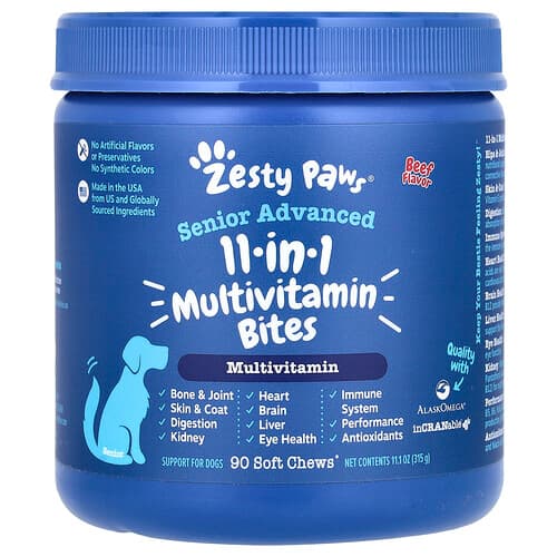 Zesty Paws, Senior Advanced, 11-in-1 Multivitamin Bites, For Dogs, Beef, 90 Soft Chews, 11.1 oz (315 g)