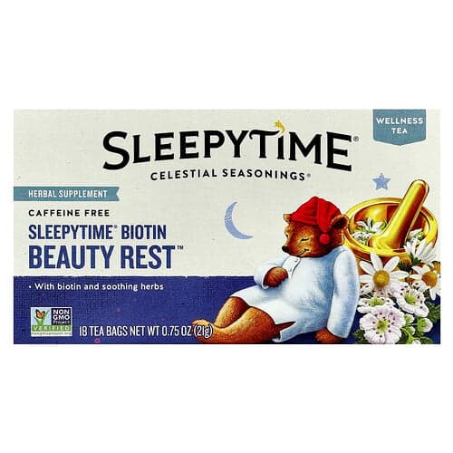 Celestial Seasonings, Wellness Tea, Sleepytime® Biotin Beauty Rest™, Caffeine Free, 18 Tea Bags, 0.75 oz (21 g)
