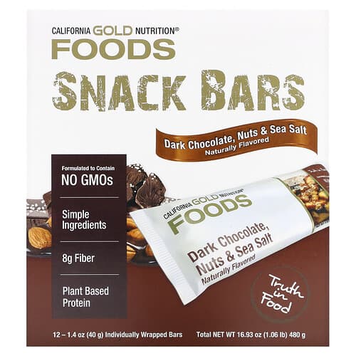 California Gold Nutrition, Foods, Dark Chocolate, Nuts, & Sea Salt Snack Bars, 12 Bars, 1.4 oz (40 g) Each
