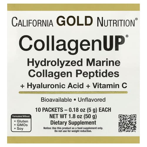 California Gold Nutrition, CollagenUP®, Hydrolyzed Marine Collagen Peptides with Hyaluronic Acid and Vitamin C, Unflavored, 10 Packets, 0.18 oz (5 g)