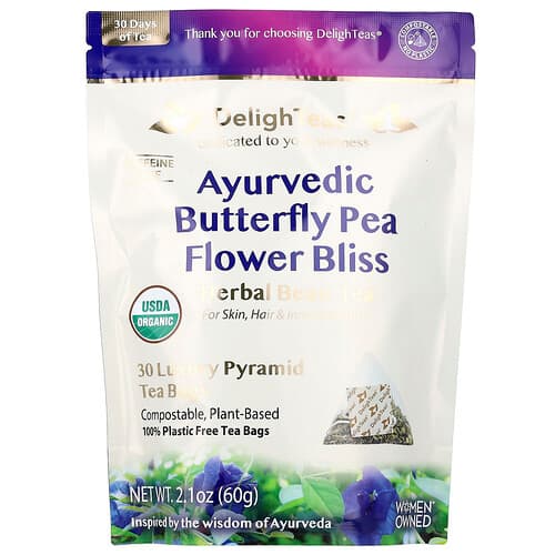 DelighTeas, Ayurvedic Butterfly Pea Flower Bliss, Herbal Beau-Tea, Caffeine Free, 30 Luxury Pyramid Tea Bags, 2.1 oz (60 g)