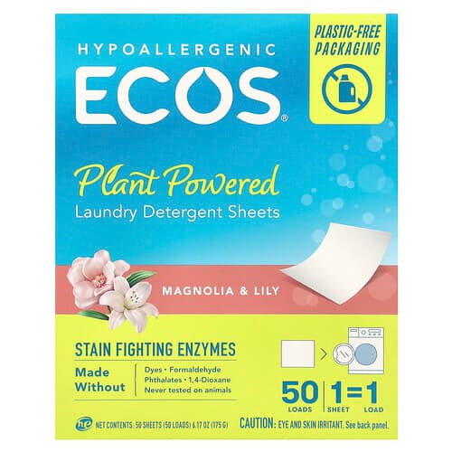 Ecos, Ecos®, Plant Powered Laundry Detergent Sheets, Magnolia & Lily, 50 Sheets
