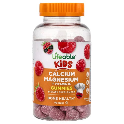 Lifeable, Kids Calcium Magnesium + Vitamin D3 Gummies, Raspberry, 90 Gummies