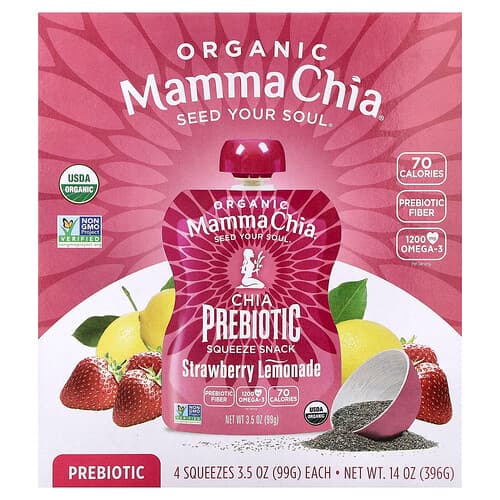 Mamma Chia, Organic Chia Prebiotic Squeeze Snack, Strawberry Lemonade, 4 Pack, 3.5 oz (99 g) Each