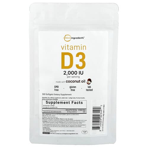 Micro Ingredients, Vitamin D3, 2,000 IU, 500 Softgels