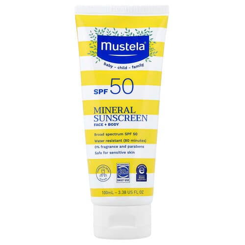Mustela, Mineral Sunscreen, Face + Body, SPF 50, 3.38 fl oz (100 ml)