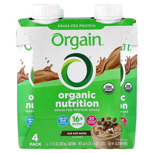 Orgain, Organic Nutrition, Grass-Fed Protein Shake, Iced Cafe Mocha, 4 Pack, 11 fl oz (330 ml) Each